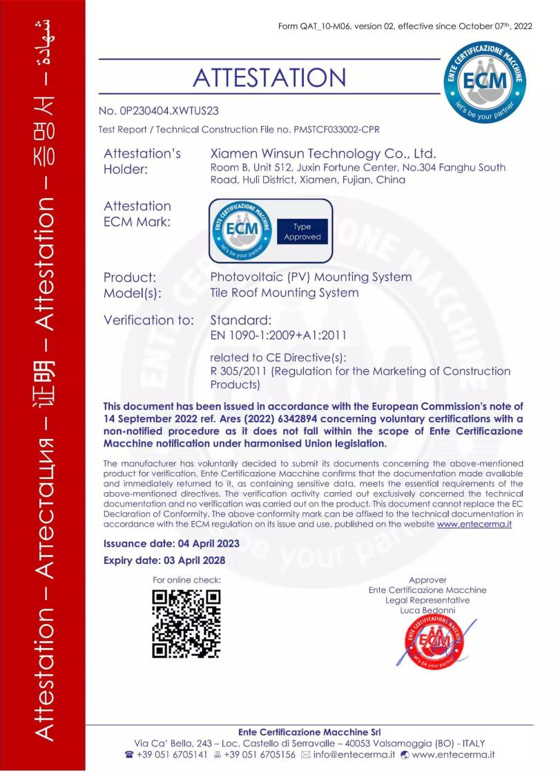 Winsun Tile Roof Mounting System CE Certificate