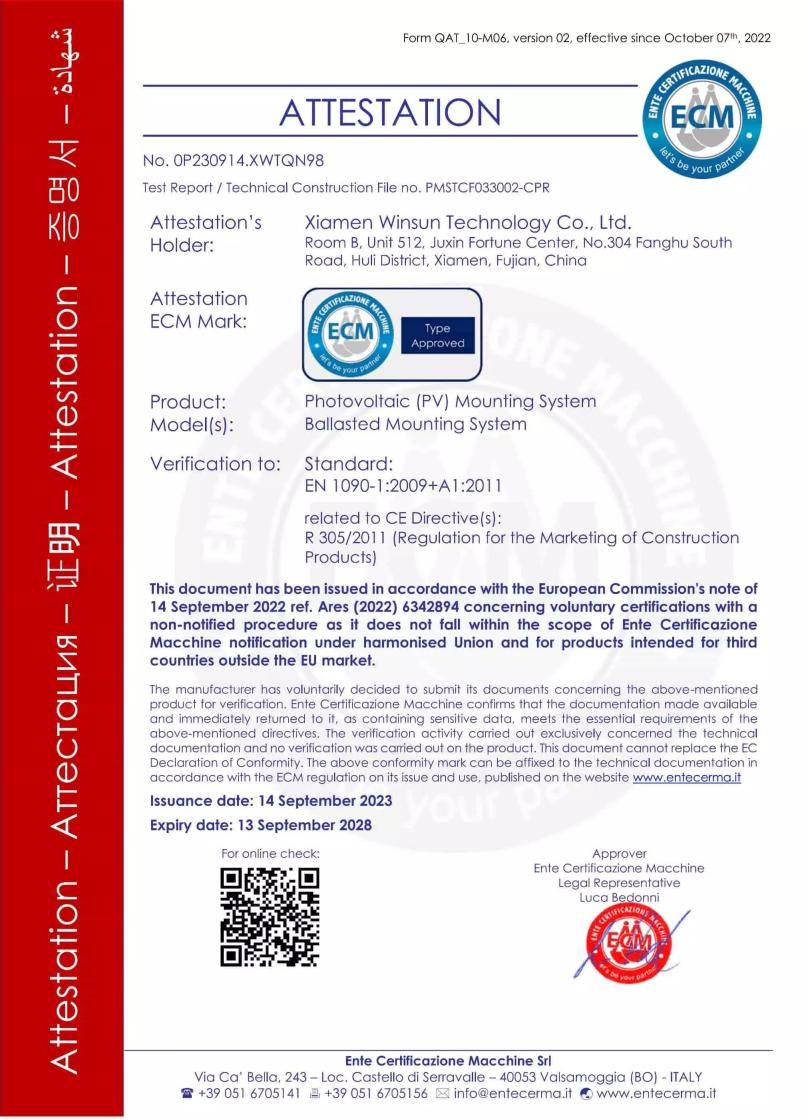 Winsun Ballasted Mounting System CE Certificate