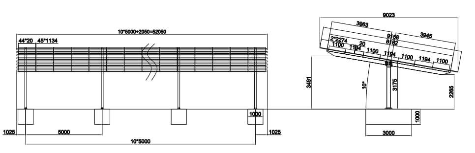 steel carport with two rows of parking spaces